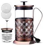 Upscale French Press Coffee Maker| 600ml Coffee Plunger Brewer Pot, 4 Part Filtration, Metallic Body, Borosilicate Glass with 2 Extra Spare Filter and 1 Coffee Spoon, 2 Years Warranty- Copper