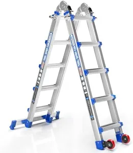 Wolec Telescoping A-Frame Ladder- 17FT Folding Extension Ladder with Wheels & Stabilizer Bar, 330lb Security Load Multi Position Ladders for Stairs Home Indoor Outdoor Roof