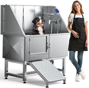 DWVO Professional Pet Dog Bathing Station for Grooming, 50'' Dog Grooming Bathtub with Left Ramp, Floor Grate, Faucet, Showerhead & Soap Holder for Large, Medium & Small Pets