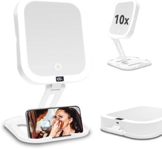 Makeup Mirror with Lights 10X/1X, Magnifying Mirror with 3 Color Modes & Stepless Dimming, Rechargeable Travel Mirror with Smart Battery Display & Touch Control, Type-C Portable Folding for Women Gift