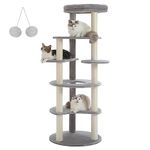 PAWZ Road [61''=156CM] Cat Tree for Indoor Large Cats, 6-Levels Cat Climbing Tower with 9 Scratching Posts Wrapped in 100% Natural Sisal Rope, Large Top Perch and Interactive Dangling Ball Grey