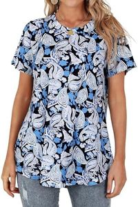 Ezcosplay Womens Tunic Tops Short Sleeve Summer Floral Print Casual Asymmetric Hem Tunic Shirts to Wear with Leggings