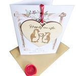 Wedding Card with Rustic Wooden Heart Shaped Pendant on the front with Detailed Engraving and the word "Happily Ever After"