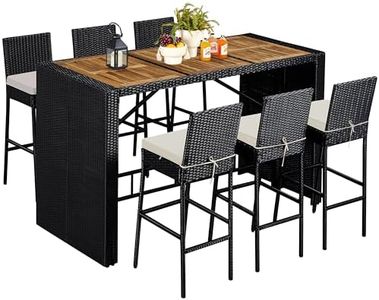 Yaheetech 7 Piece Patio Dining Set Outdoor Acacia Wood Bar Table and Chairs with Removable Cushions, Wicker Furniture Set for Deck, Backyard, Garden, Black/Beige