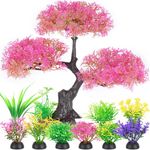 Borlech Aquarium Tree Plants Decorations, Fish Tank Plastic Plant Decor Set (Pink)