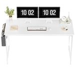 CubiCubi Study Computer Desk 140cm Home Office Writing Small Desk, Modern Simple Style PC Table, Black Metal Frame, White