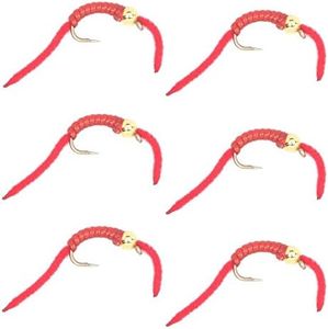 The Fly Fishing Place Trout Nymph Fly - San Juan Worm Power Bead 1/2 Dozen Gold Bead Red V-Rib Hook Size 14 - Set of 6 Fly Fishing Flies
