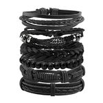 Manfnee 6PCS Braided Faux Leather Bracelet Punk Cuff Wrap Bracelets for Men Women Adjustable Black