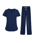 MEDSKIN Essential Scrubs Set for Women - Lightweight V-Neck Scrub Top & Yoga Waistband Trouser Pants (Navy, S)