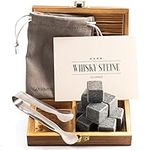 GOURMEO Basalt Whiskey Stones Set - 9 Reusable Whisky Cubes with Tongs - Ice Stones for Drinks in Wooden Case and Velvet Pouch - Gifts for Men