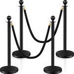 Ferraycle 4 Pieces Stainless Steel Crowd Control Stanchions and Velvet Ropes 5 ft Red Carpet Ropes and Poles Black Rope Safety Barriers with Sand Injection Hollow Base for Party Supplies