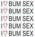 5 x I Love Bum Sex Funny Car Stickers/Decals 5 x 1 Inches Printed On To White Vinyl Simply Peel And Stick