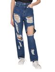 M17 Womens Ladies Denim Multi Rip Mom Jean High Waisted Classic Casual Cotton Trouser Pants with Pockets (14, Dark Wash Blue)