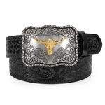 LEACOOLKEEY Western Leather Buckle Belt for Men Women Cowboy Cowgirl Leather Belt for Jeans Pants