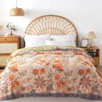 Boho Throw Blanket, 100% Cotton Soft Rustic Quilt Throw Blanket, 60"x80" Orange Floral Printed Decor Farmhouse Bed Blankets, All Season Super Soft Warm Bohemian Blanket for Sofa Couch Chair