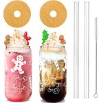 ANOTION Useful White Elephant Gifts for Adults Holiday - New Year Gift 18oz Christmas Coffee Mugs Glass Cups with Lids and Straws Gingerbread Tumbler Drinking Glassware Drinkware Gifts for Women