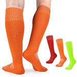 3 Pairs Boys Soccer Socks Kids Football Socks Girls Knee High Socks Baseball Softball Athletic Sports Tube Stockings Kids Youth (Neon Green+Orange+Red, L)