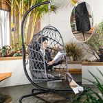 LKINBO Indoor Outdoor Egg Swing Chair with Stand and Cover, Patio Wicker Hanging Chair 450lbs Capacity Egg Chairs with UV Resistant Cushion for Bedroom Outside Balcony Patio Living Room (Dark Grey)