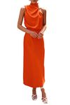 PRETTYGARDEN Women's 2024 Summer Satin Dress Elegant Sleeveless Mock Neck Cocktail Party Maxi Dresses (Orange,Small)