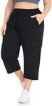 ZERDOCEAN Women's Plus Size Cargo Capri Sweatpants Active Workout Casual Sweat Crop Pants Pockets Drawstring, Black, XXL Plus