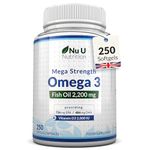 Omega 3 2200mg & Vitamin D3 2000IU - 250 Softgel Capsules - 720mg EPA & 480mg DHA per Serving - from Sustainable Wild Caught Fish - High Strength 1100mg Fish Oil per Capsule - Nu U Nutrition