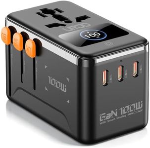 URJD GaN 100W Universal Travel Adapter with Smart Display, 3 USB C 1 USB A + 2500W AC Outlet, International Power Adapter for Fast Charging in 200+ Countries, Compatible with MacBook, iPhone and More