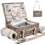 19Pcs Picnic Basket for 2 with Insulated Liner and Waterproof Picnic Blanket Wine Pouch, Large Wicker Picnic Hamper for Camping,Outdoor,Valentine Day,Thanks Giving, Christmas for Couples,Cherry Coffee