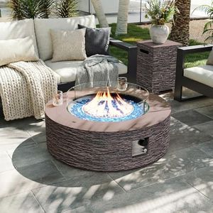 UPHA 42-inch Outdoor Propane Gas Fire Pit Table 50000 BTU Concrete Round FirePit for Outside Patio with Propane Tank Cover, Wind Guard, Blue Glass Rocks, Rain Cover, Reddish Brown