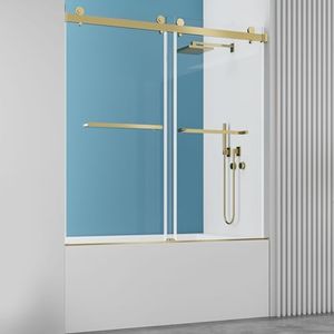 YTTSOYTS 56-60" W x 60" H Frameless Double Sliding Tub Door Bathtub Shower Door, Frameless Tub Door with 5/16" (8mm) Clear SGCC Tempered Glass, Stainless Steel Hardware (60"x60" Brushed Gold)