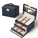 Mondeer Jewellery Box, Jewellery Oganiser, 3 Layers PU Leather Jewelry Storage Box with Mirror and Lock, for Rings Bracelets Earrings Necklaces, Navy Blue