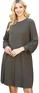 RIAH FASHION Comfy Long Sleeve Dress - Women's Casual Pocket Maternity Dresses, Hacci, French Terry, Puff Long Sleeve Hacci - Olive, X-Large