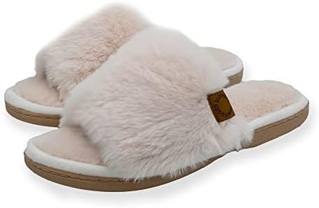Onmygogo Rabbit hair Indoor Slippers for Women Open Toe with Memory Foam, Soft Faux Fur Nonslip House Slippers(Natural,M)