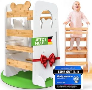 Einführungspreis - Lernturm [ab 1 Jahr] Höhenverstellbar & klappbar aus Bambus | Sicherer Steh- & Lern-Turm für Kinder, rutschfeste Trittfläche, Anti-Kipp-Schutz | Montessori Learning Tower