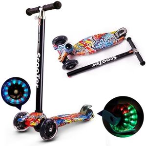 Scooters for Kids Boys Girls, 3 Wheel Kick Scooter with Light Up LED Wheels,Kids Scooter with 3 Adjustable Height,Rear Brake,Lean to Steer,Detachable＆Portable Lightweight Design (Red＆Orange Graffiti)