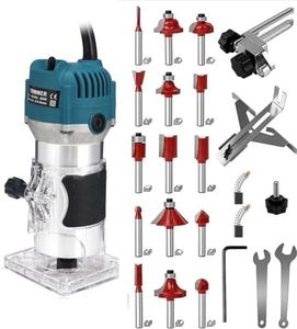 Router Tool, Wood Trim Router, 110V 800W Electric Hand Trimmer, Palm Router with 15x 1/4” Router Bits & 2 Trim Guides for Woodworking, Adjustable Base Height with Scale
