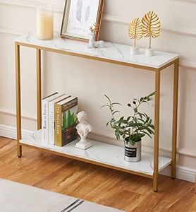 loglus Console Table for Entryway, Faux Marble MDF Sofa Table with Golden Frame (Double Layer, White Marble)