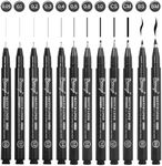 Bianyo Black Art Pen Set - 12 Assorted Sizes Fine Line Drawing, Upgraded Pigment Ink, Bonus Pouch Bag, Water-Resistant Archival Pens for Artists, Crafters, and Journaling