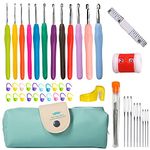 Crochet Hooks Set 45 Pcs 2.0mm-8.0mm, Yarn Knitting Needles Crochet Hooks Sewing Tools Set with Case for Arthritic Hands, 12 Ergonomic Soft Handles Crochet Hooks, 9 Aluminum Large-Eye Blunt Needles, 20 Mark Pin,Tape Measure Row Counter Ring for Arthritic Hands Beginners Best Friend