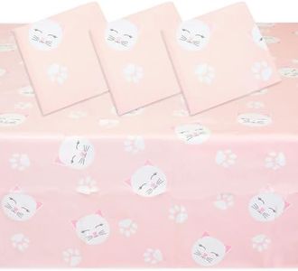 Sparkle and Bash 3 Pack Cat Themed Party Tablecloth, Plastic Kitty Birthday Table Cover Decorations (Pink, 54 x 108)