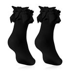 Geyoga Frilly Socks Opaque Ruffle Lace Socks Women Lace Socks with Bow Girls Ankle School Socks Rich Frilly Lace Top Socks Princess Socks Dress Socks (Black)