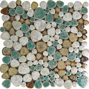 Hominter Pebble Porcelain Tile Turquoise Green Cream and Coffee Mosaic Waterproof Ceramic Tiles Flooring for Kitchen Bath Backsplash Pool Tile Shower Floor & Wall (11 Square Feet)