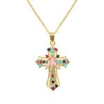 Agriajun Colorful Gold Cross Pendant Necklace for Women - Dainty Catholic Christian Gothic Costume Cross Jewelry - Cute Fancy Multicolour Crystal Cubic Zirconia Costume Cross Valentines Stacking Chain Jewelry Gift for Family