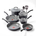 T-Fal Ultimate Hard Anodized 12-Piece Ceramic Nonstick Cookware Set, Oven Safe Up to 400°F, Ceramic Pots and Pans Set, Frying Pans, Saucepan, Stockpot, Cooking Utensils, Grey