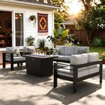 LayinSun Aluminum Furniture Set with Fire Pit Table, 5 Pieces Patio Sectional Conversation Chat Sofa Modern Seating Set