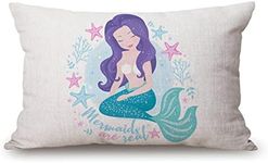 Solekla Cute Mermaid Farmhouse Oblong Rectangle Beautiful Mermaid with Purple Hair Decorative Throw Pillow Case,12x20 inch