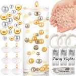 40,130pcs Vase Fillers Set with 40000 Clear Water Gel Beads,Floating Pearls Beads, Floating Candles,LED String Lights for Christmas Decoration, Wedding Centerpiece, Planting,Floral Decor (Gold+Silver)