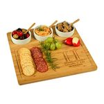 Custom Personalized Engraved Bamboo Cheese/Charcuterie Cutting Board - Includes 3 Ceramic Bowls with Bamboo Spoons - Cheese Markers - Designed & Quality Checked in The USA