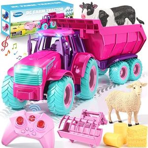 Funwee RC Tractor Toy Set with Light & Sound, Kids Farm Car Animal Trailer Wheels Remote Truck, Outdoor Vehicle Toys Birthday Gift Idea for 3 4 5 6 7+ Years Old Toddler Boys and Girls(Rose red)