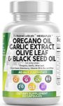 Oregano Oil 6000mg Garlic Extract 4000mg Olive Leaf 3000mg Black Seed Oil 3000mg - Immune Support & Digestive Health Supplement for Women and Men with Vitamin D3 and Zinc - 60 Caps