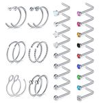 LAURITAMI 30pcs Nose Studs Rings Nose Piercings Set Nose Screw Pin Thin Hoops with Bone L Shaped Opal Crystal Piercing Jewellery Surgical Steel 20G 8mm